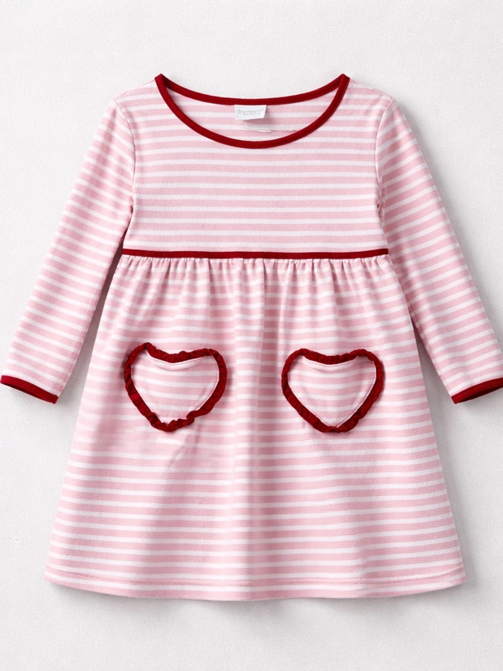 Squiggles by Charlie pink and white stripe long sleeve dress with heart pockets